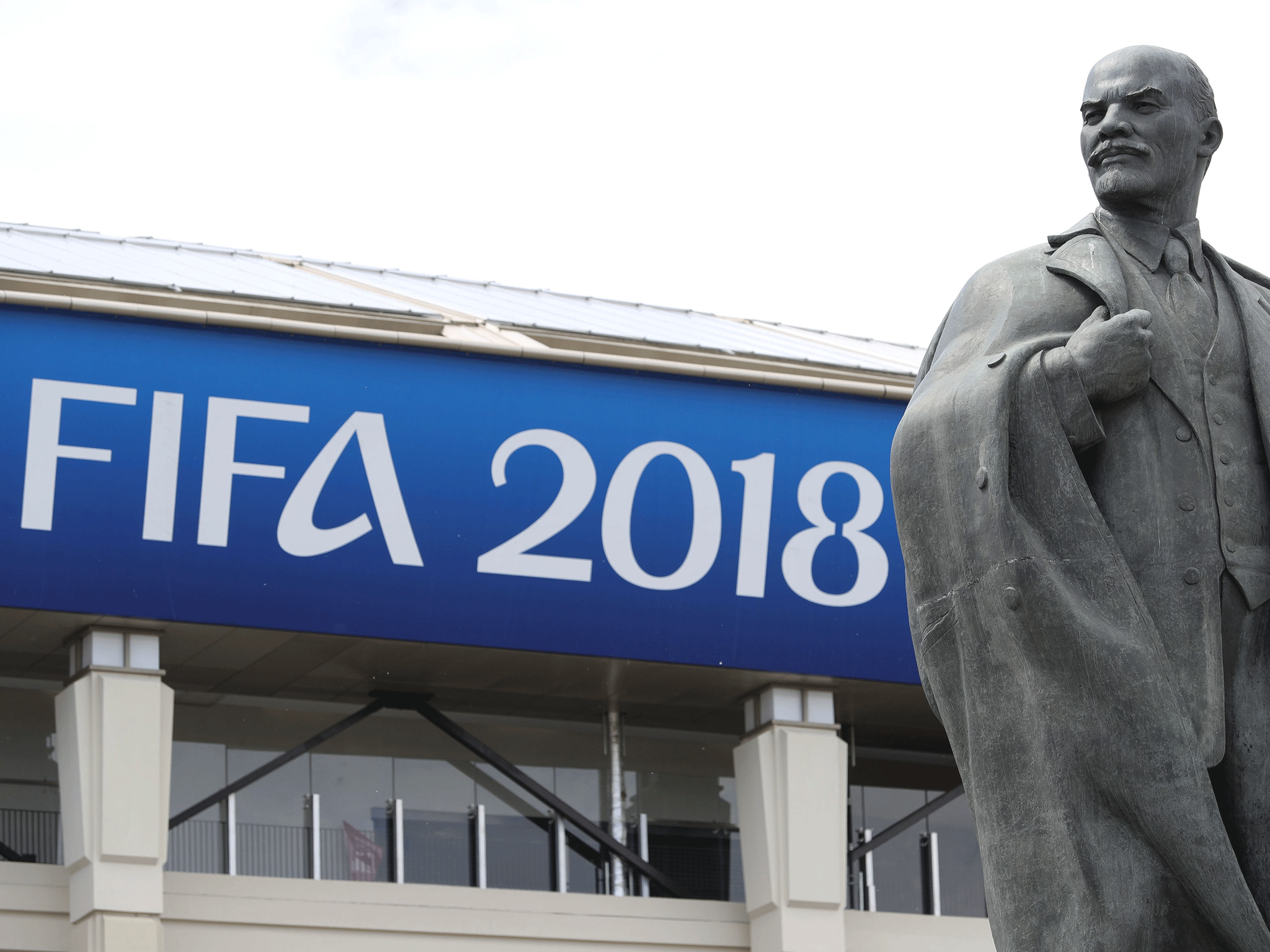 A statue of Lenin outside the Luzhniki Stadium in Moscow, where the opening match of the World Cup will be held