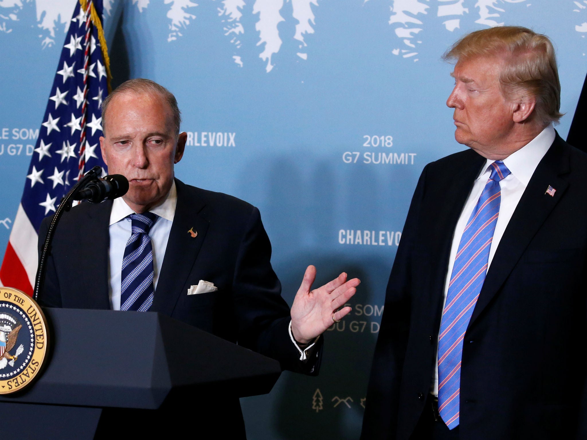 Larry Kudlow gives remarks during a a press briefing with Donald Trump at the G-7 summit in La Malbaie, Canada