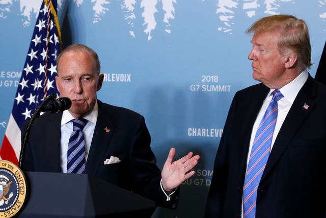 Larry Kudlow gives remarks during a a press briefing with Donald Trump at the G-7 summit in La Malbaie, Canada