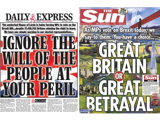Front pages of the Daily Express and the Sun as Brexit legislation returns to the Commons