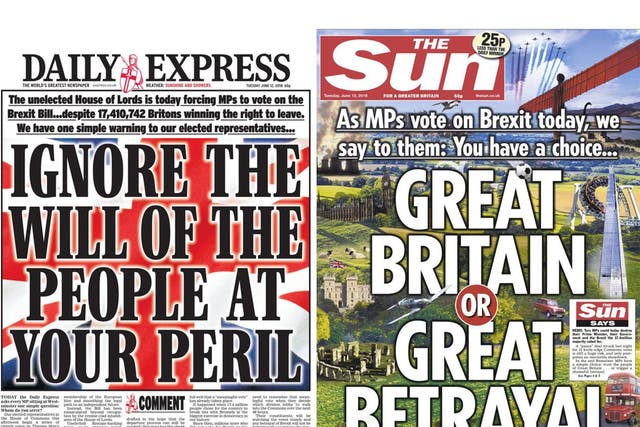 Front pages of the Daily Express and the Sun as Brexit legislation returns to the Commons