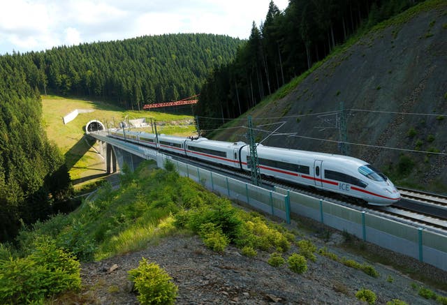 A Deutsche Bahn InterCity Express (ICE) train running on high speed track in Germany