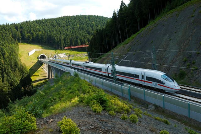 A Deutsche Bahn InterCity Express (ICE) train running on high speed track in Germany