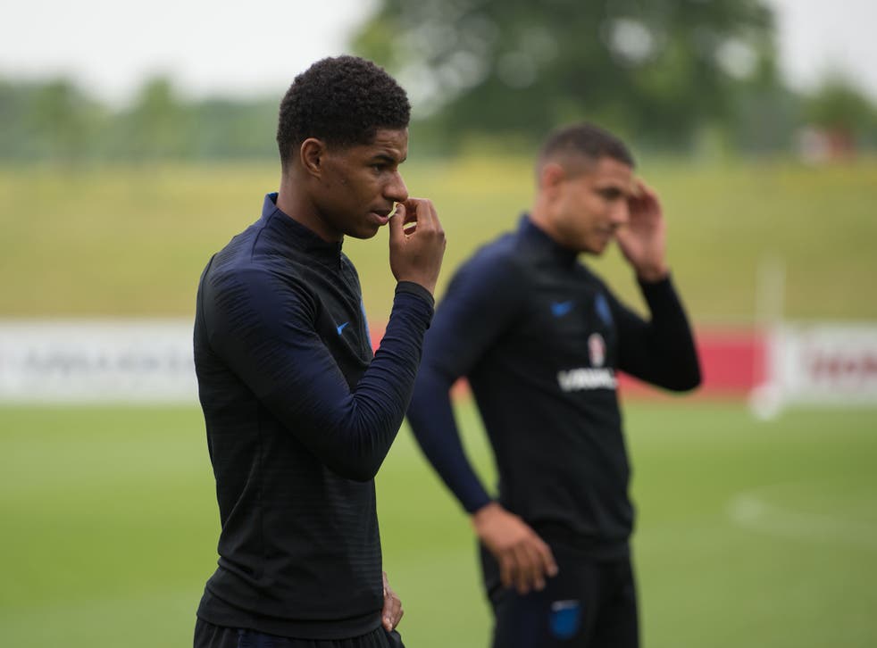 Marcus Rashford in training before England flew out to Russia