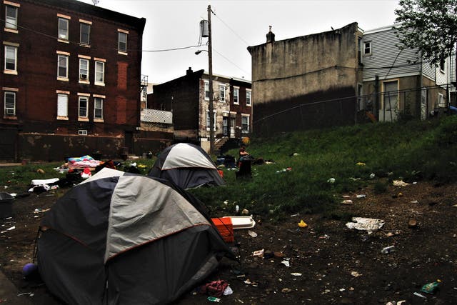 A homeless encampment is shown in the Kensington section of Philadelphia