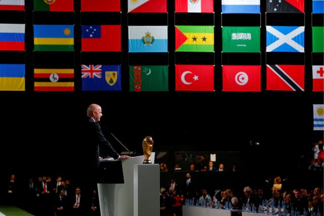 FIFA President Gianni Infantino delivers a speech during the 68th FIFA Congress in Moscow, Russia, where the bid to host the 2026 event went to the US, Canada, and Mexico jointly on 13 June 2018.