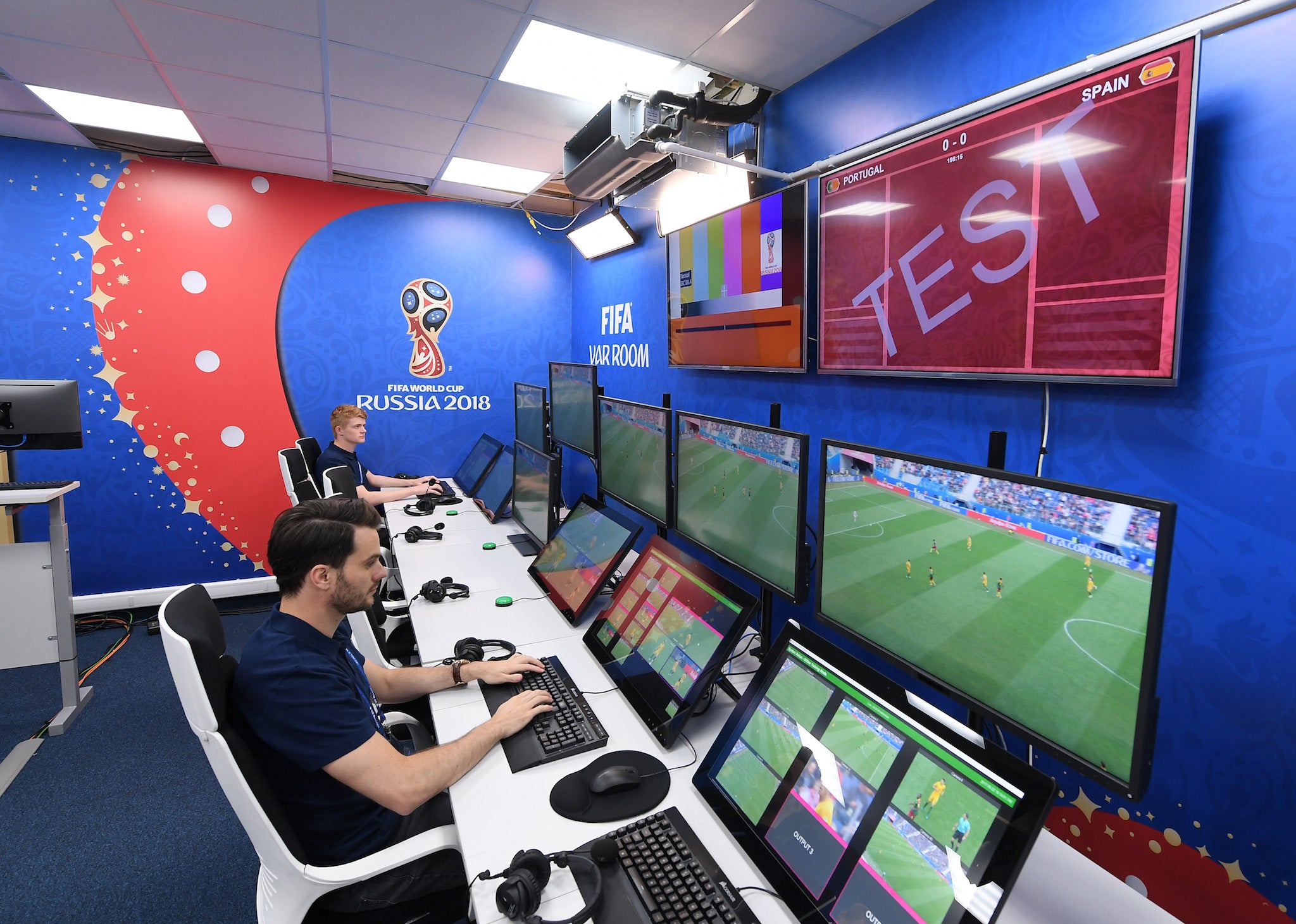 A general view of the Video Assistant Referee's Room home of the VAR system to be used at all FIFA World Cup matches during the Official Opening of the International Broadcast Centre on June 9, 2018 in Moscow, Russia