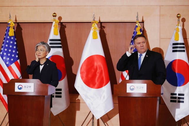 Mike Pompeo and South Korean Foreign Minister Kang Kyung-wha attend a joint news conference at the Foreign Ministry in Seoul, South Korea