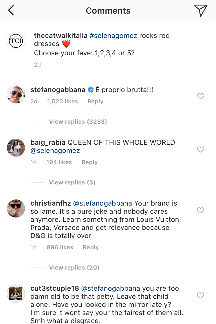 dolce and gabbana selena gomez comment
