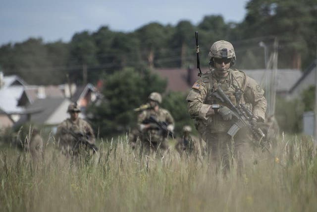 US troops from the 2nd Cavalry Regiment take part in military exercises near Kaunas, Lithuania