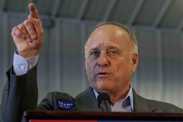 Congressman Steve King (R-IA) delivers remarks to a crowd of about 400 Republican voters during a rally for the Vice Presidential candidate Governor Mike Pence
