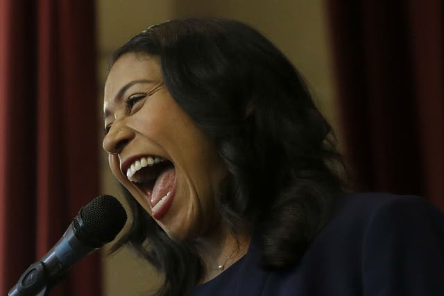 Incoming mayor London Breed smiles while speaking at an elementary school in San Francisco