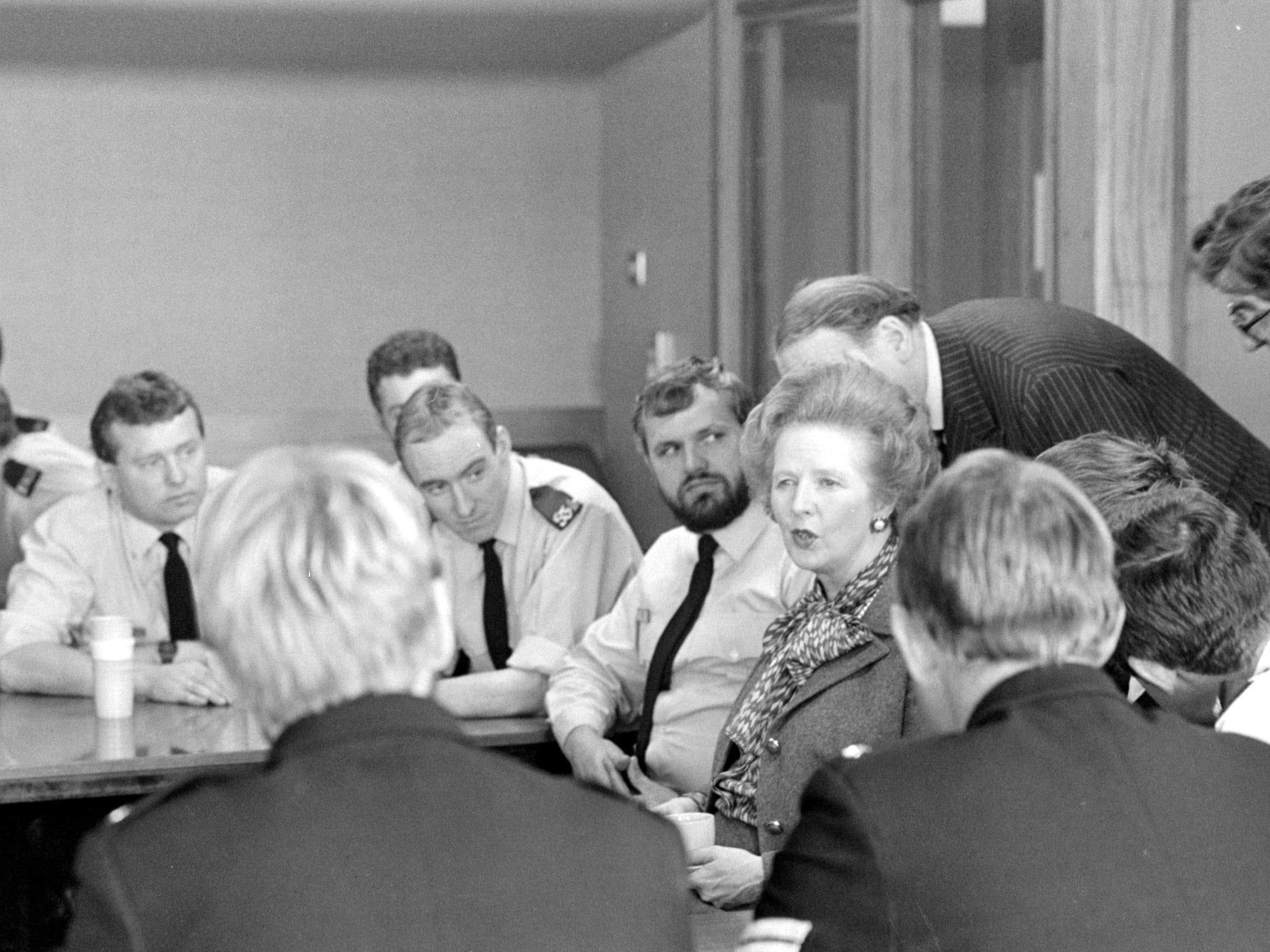 Margaret Thatcher in 1984 talking to officers in York who had been on picket duty during the miners’ strike