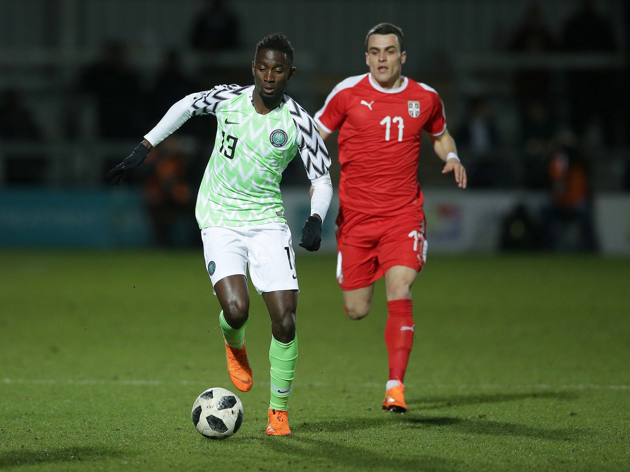 Wilfred Ndidi in action against Serbia during a friendly ahead of the World Cup