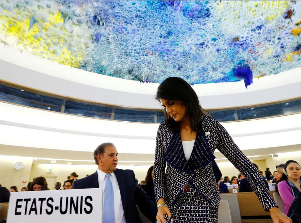 US Ambassador to the United Nations Nikki Haley leaves after addressing the United Nations Human Rights Council in Geneva, Switzerland 6 June 2017.