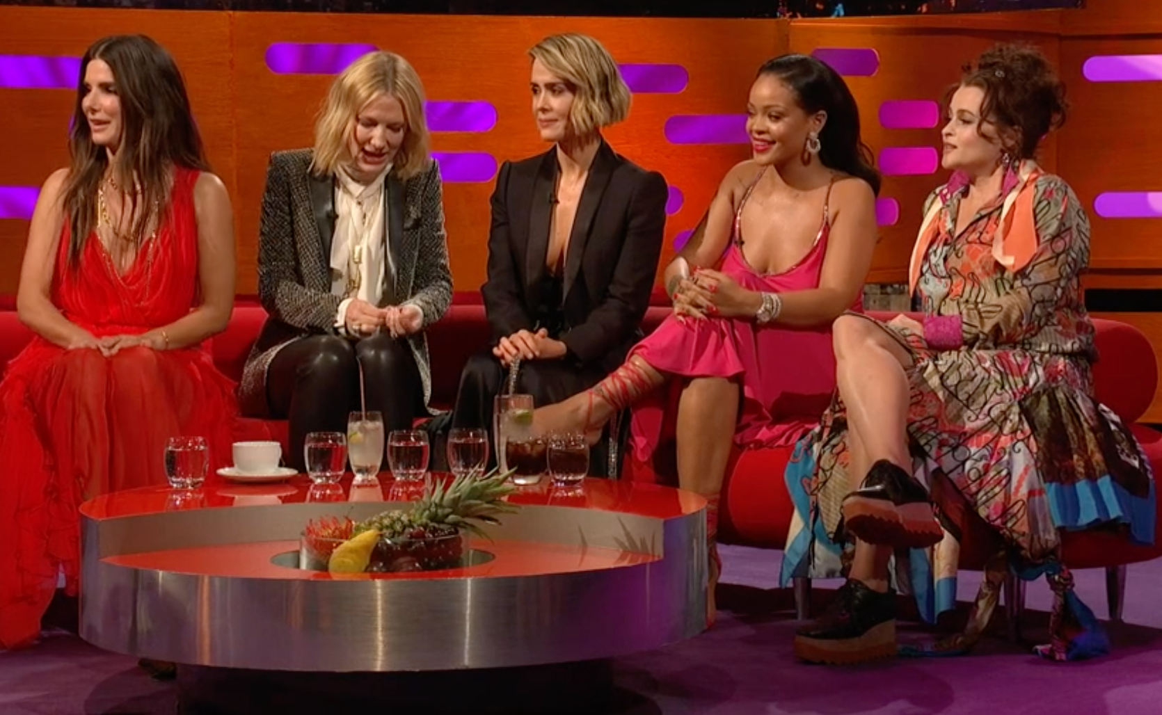 Left to right: Sandra Bullock, Cate Blanchett, Sarah Paulson, Rihanna and Helena Bonham Carter on the Graham Norton Show