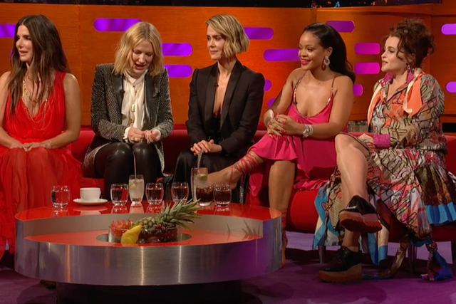 Left to right: Sandra Bullock, Cate Blanchett, Sarah Paulson, Rihanna and Helena Bonham Carter on the Graham Norton Show
