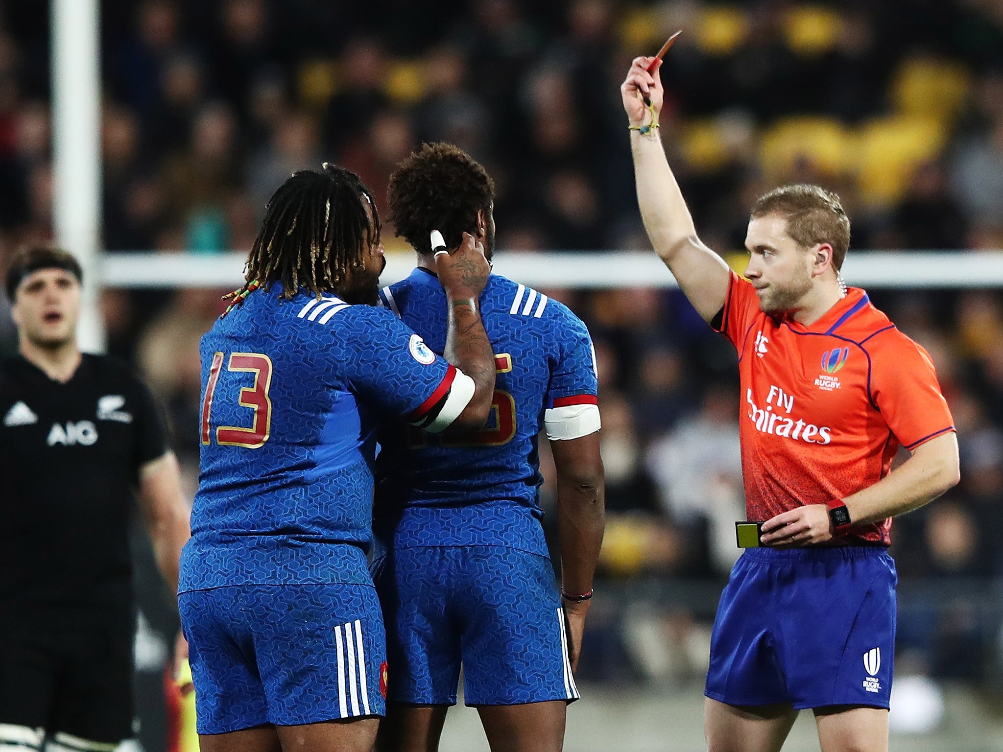 Benjamin Fall was shown a red card in the 12th minute of France's 26-13 defeat by New Zealand