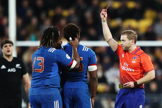 Benjamin Fall was shown a red card in the 12th minute of France's 26-13 defeat by New Zealand