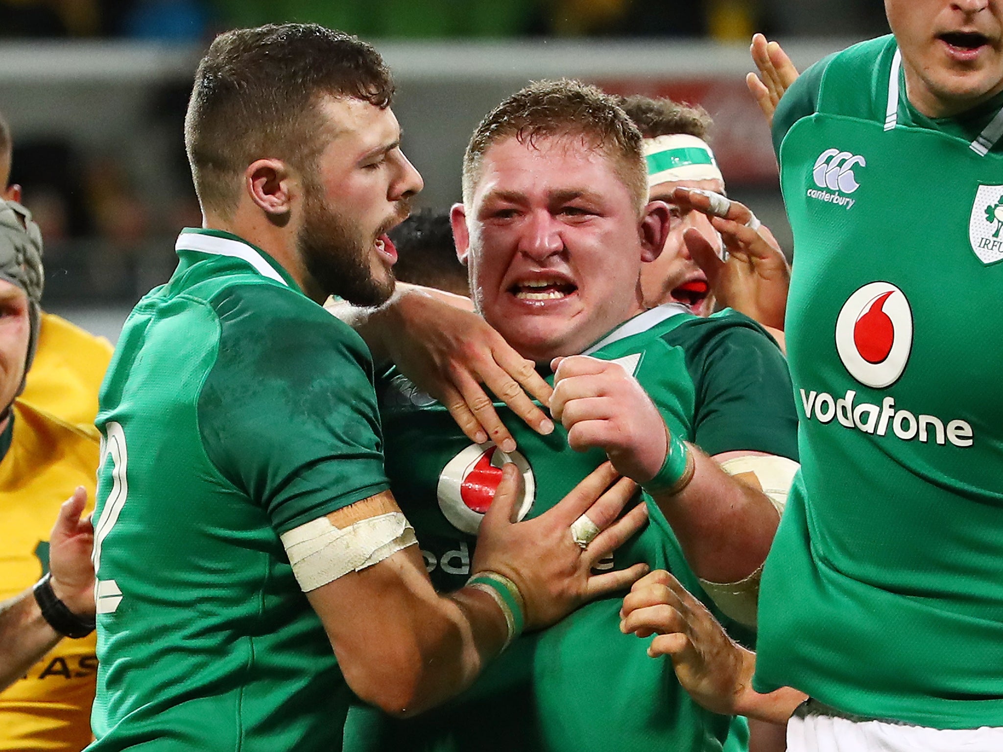 Tadhg Furlong celebrates scoring a try during Ireland's victory over Australia