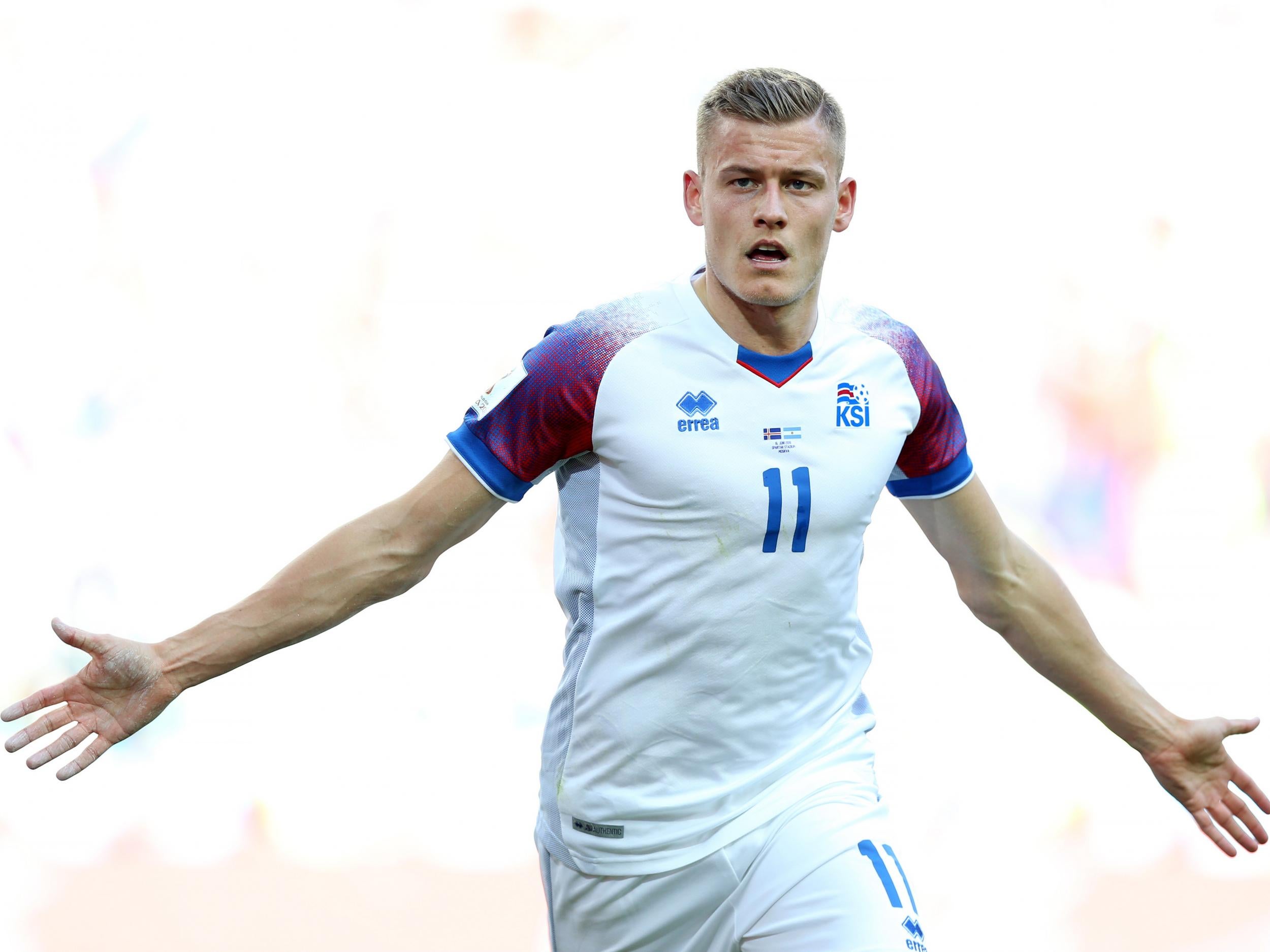 Alfred Finnbogason of Iceland celebrates after scoring his team's first goal