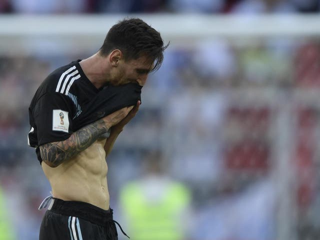 Lionel Messi reacts at the end of the Russia 2018 World Cup Group D football match between Argentina and Iceland