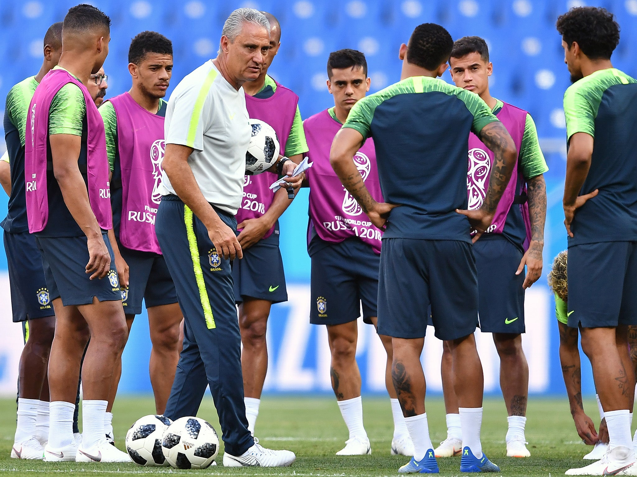 Tite in training with his players ahead of the Switzerland clash
