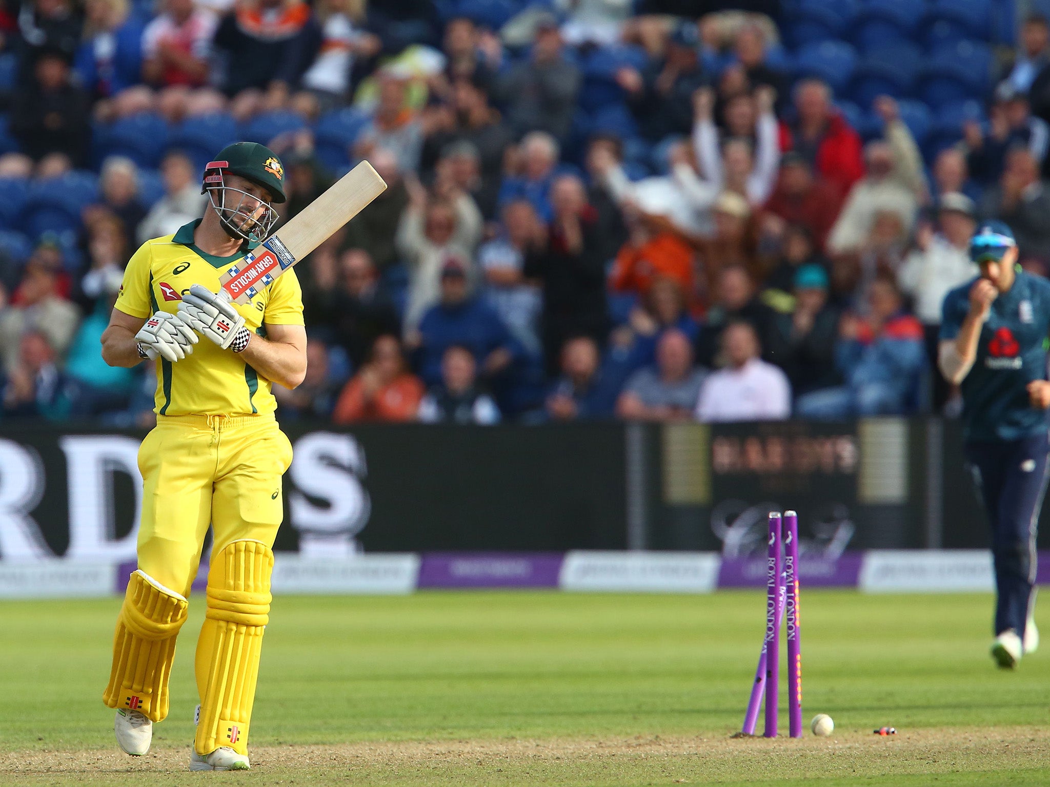 Shaun Marsh reacts after he is bowled out by Plunkett for 131 runs