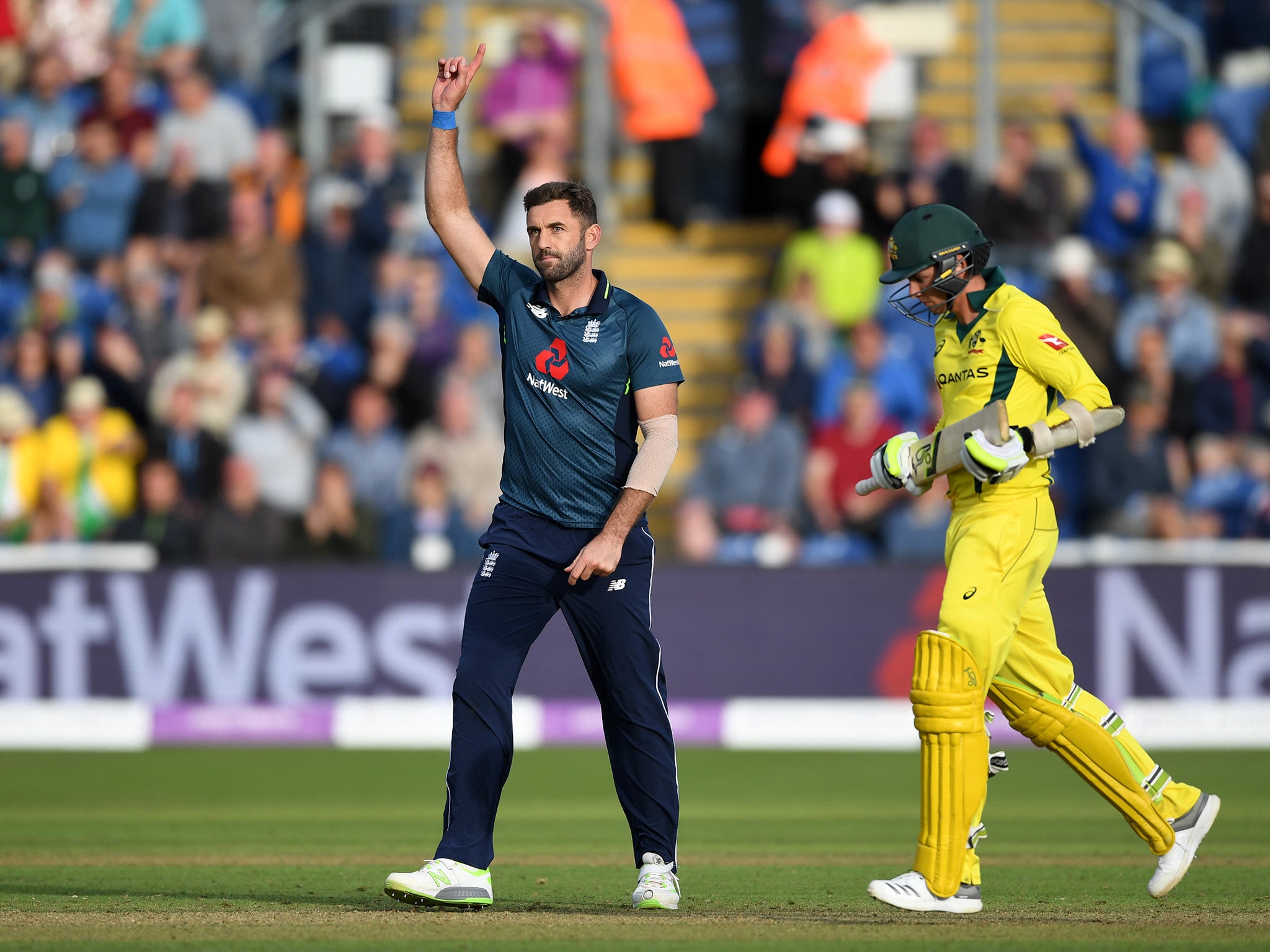 Liam Plunkett celebrates dismissing Jhye Richardson