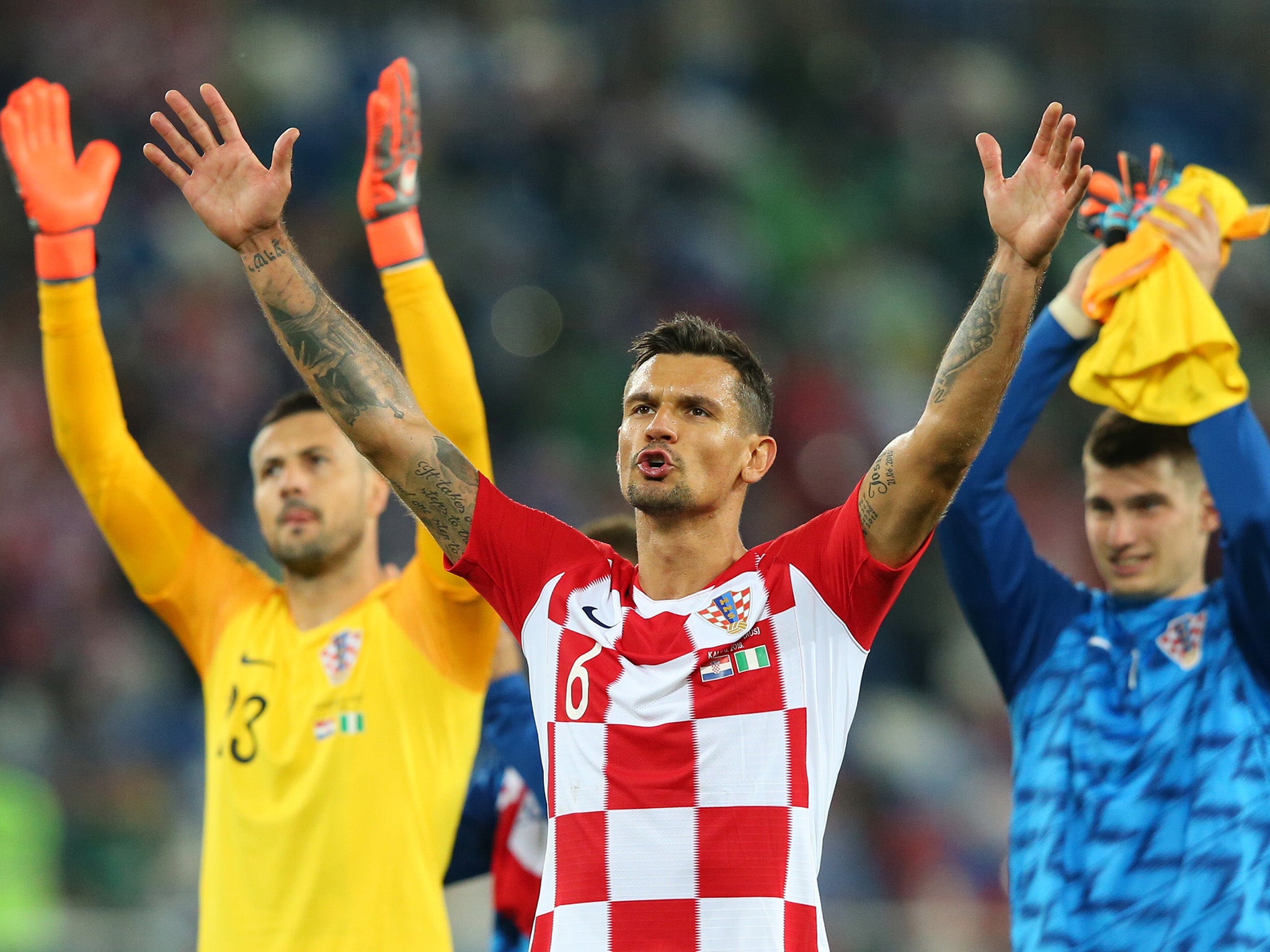 Dejan Lovren of Croatia celebrates with fans following his side's victory over Nigeria