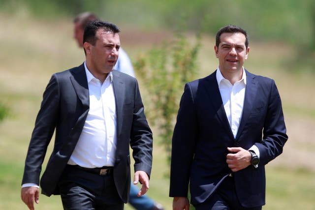 Macedonian prime minister Zoran Zaev (left) and his Greek counterpart Alexis Tsipras during the historic meeting