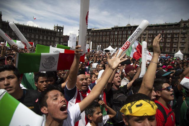 Fans celebrate Mexico's win during the Mexico vs Germany World Cup match, as they watched on an outdoor screen in Mexico City's Zocalo square.