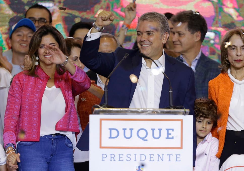 Ivan Duque celebrates his victory in the presidential runoff election