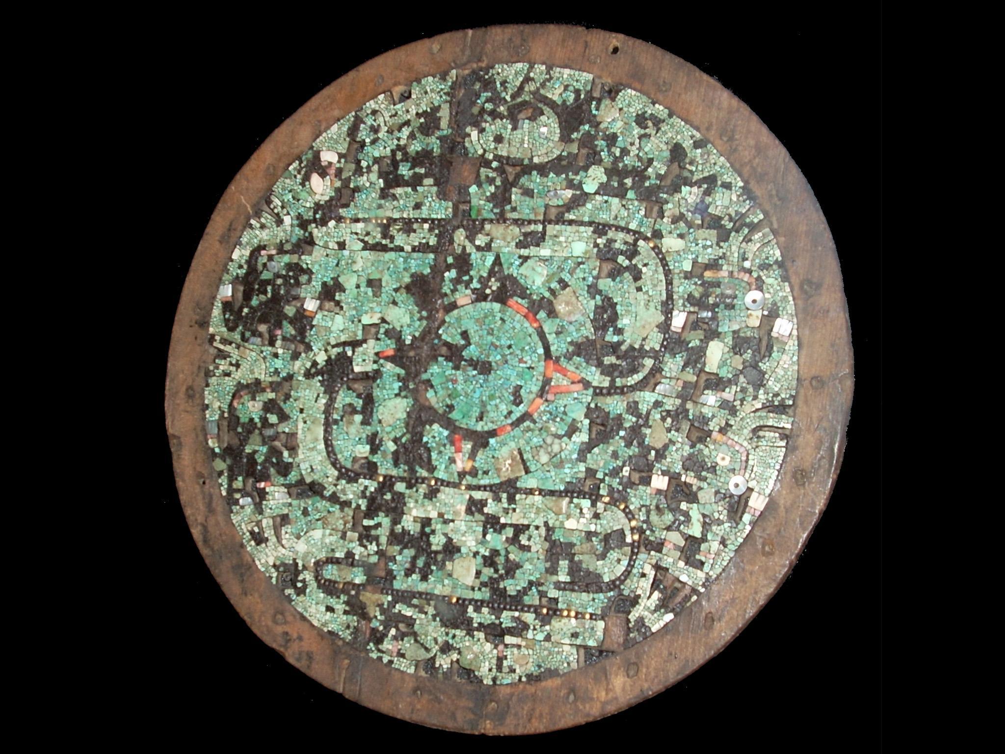 An Aztec or Mixtec ceremonial shield (circa 15th century) with mosaic decoration in the British Museum
