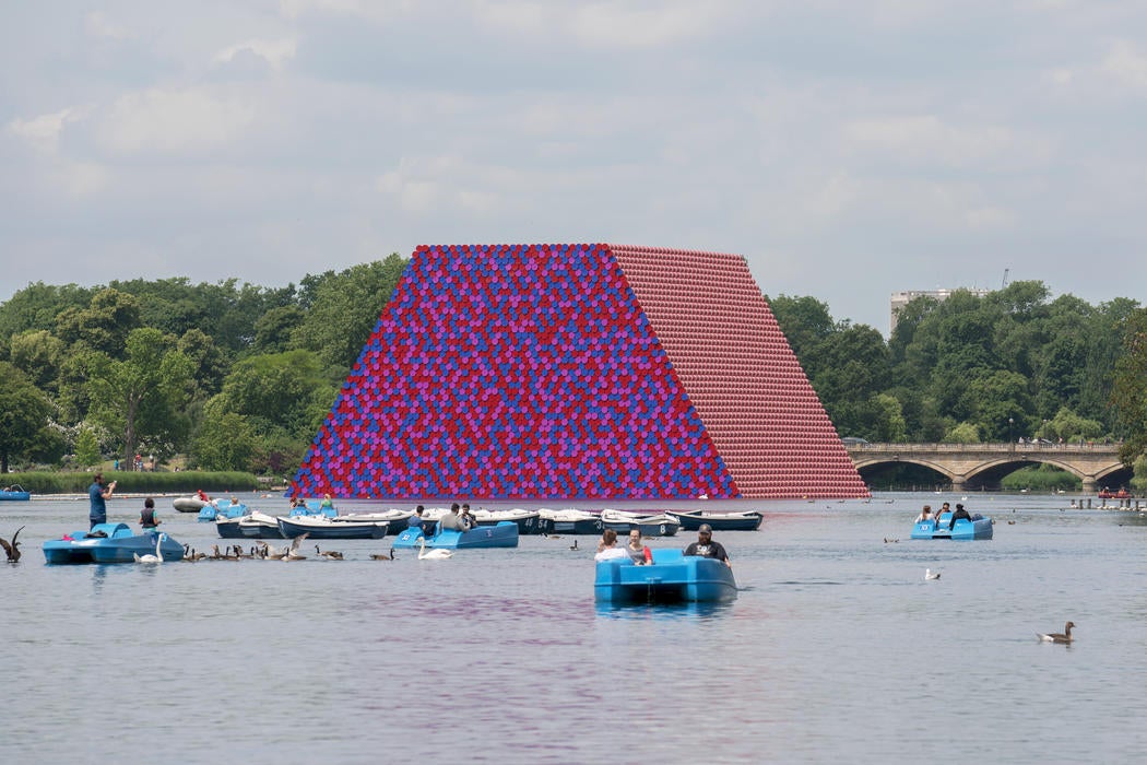 The pyramid structure floats on the Serpentine in Hyde Park
