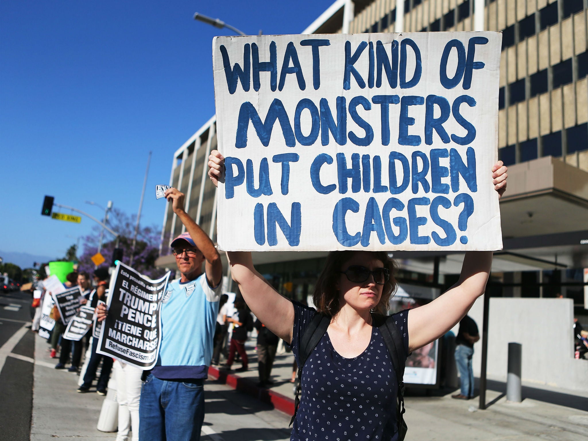 Protestors demonstrate against the separation of migrant children from their families in front of the Federal Building in Los Angeles, California.