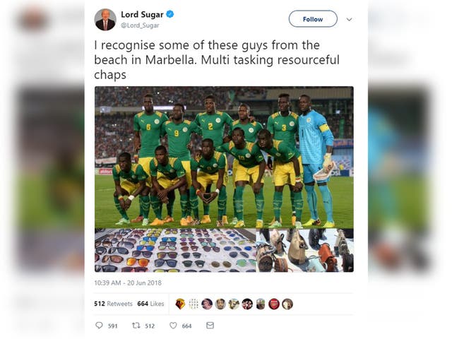 Alan Sugar deletes 'racist' tweet saying Senegal football team sell bags on  beach in Marbella after furious backlash | The Independent | The Independent