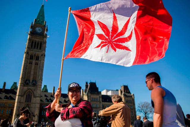 A campaigner waves a flag at a National Marijuana Day gathering in 2016 on Parliament Hill in Ottawa, Canada