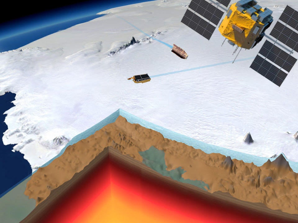 West Antarctica with the ice sliced to show the bedrock and the earth cut to show the crust (brown) the bottom of the lithosphere (red area) and the mantle (yellow)