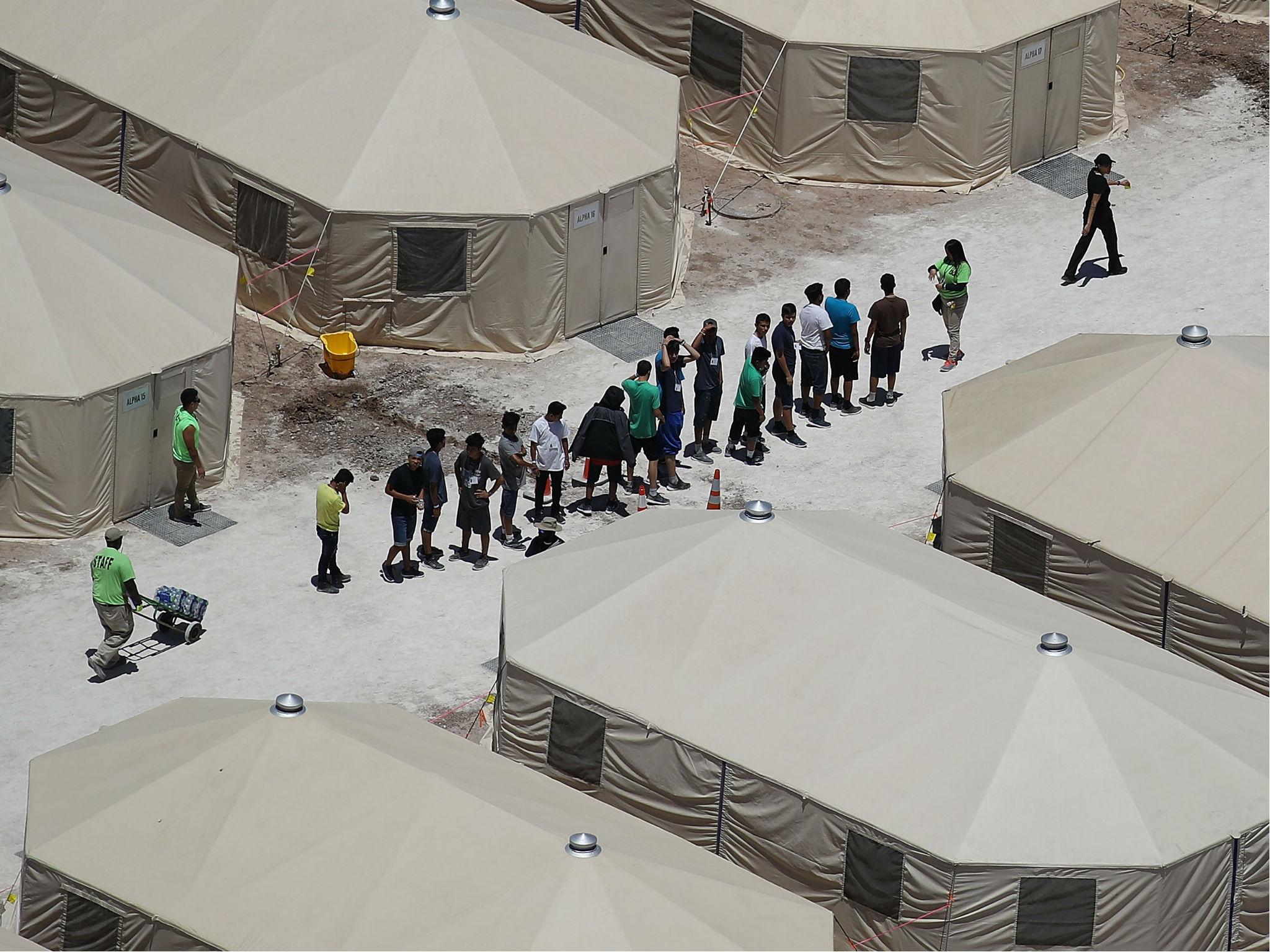 An aerial view of a tent camp set up to house unaccompanied child migrants