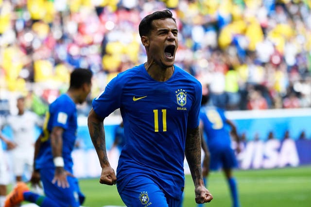 Philippe Coutinho celebrates after scoring Brazil's opener against Costa Rica