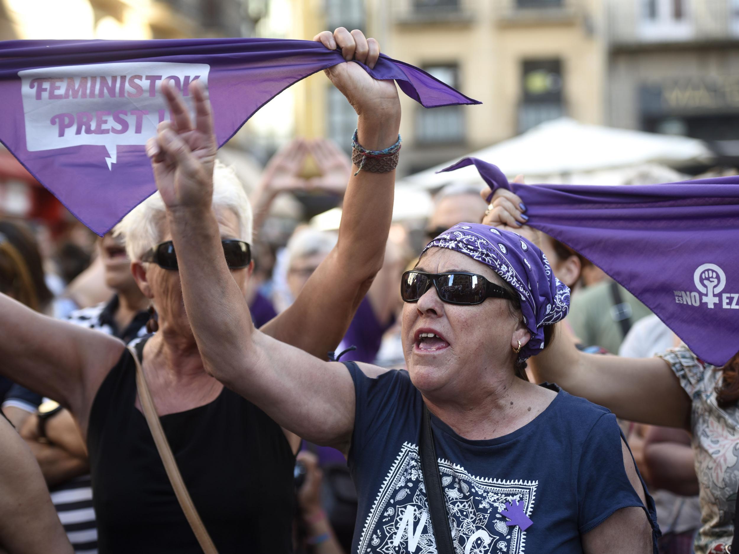 People protest in Pamplona, Spain, after a court ordered the release on bail of The Wolf Pack