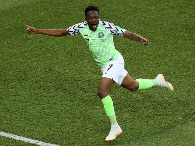 Ahmed Musa of Nigeria celebrates after scoring his team's first goal
