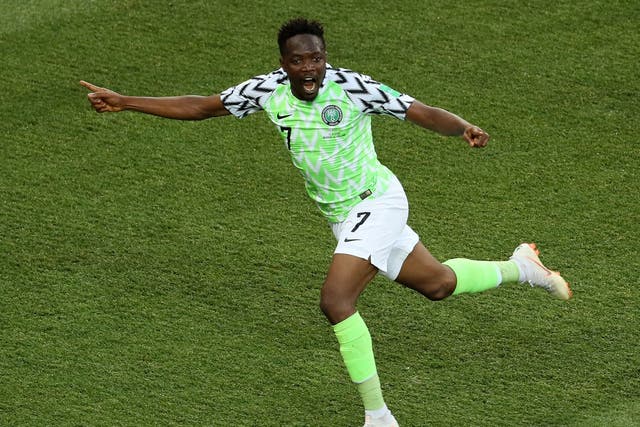 Ahmed Musa of Nigeria celebrates after scoring his team's first goal