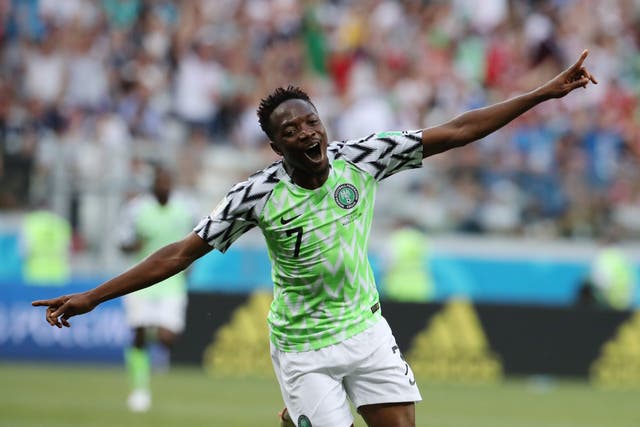 Ahmed Musa celebrates after scoring his second goal for Nigeria