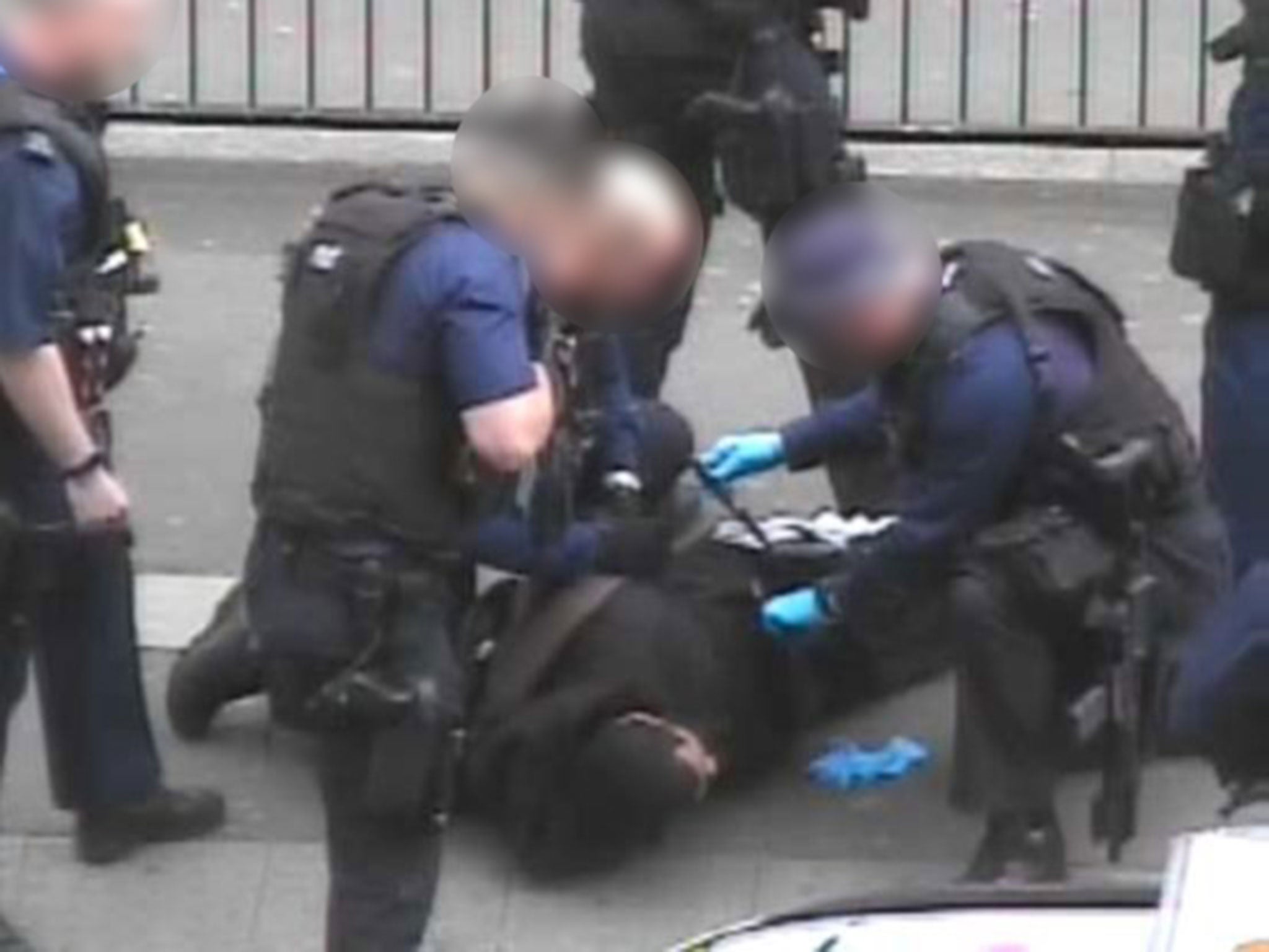 Footage showed police finding three knives in Khalid Ali’s jacket and trousers after arresting him in Whitehall on 27 April last year