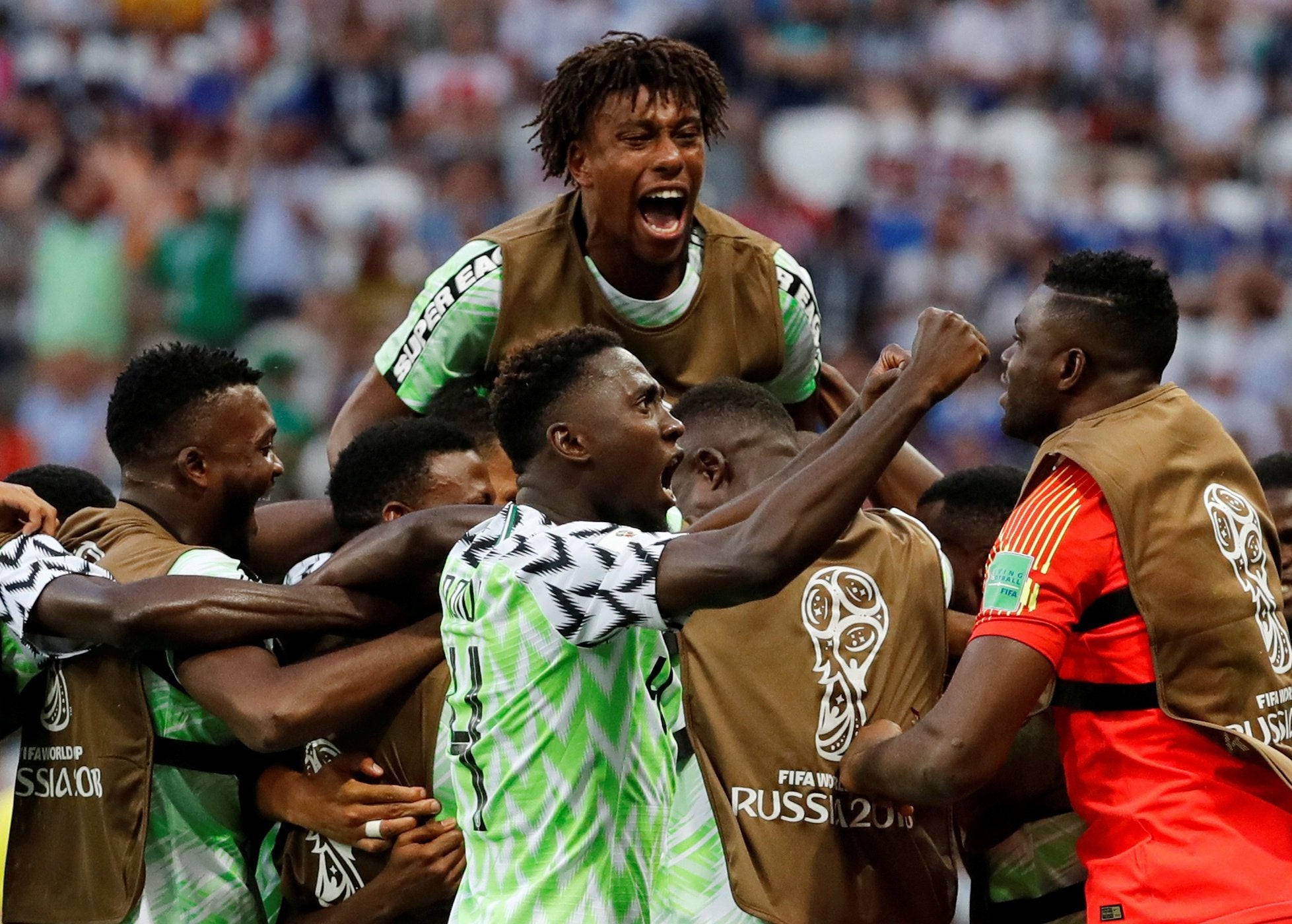 Nigeria's players celebrate their second goal against Iceland