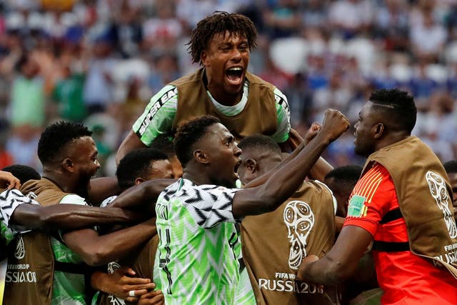 Nigeria's players celebrate their second goal against Iceland