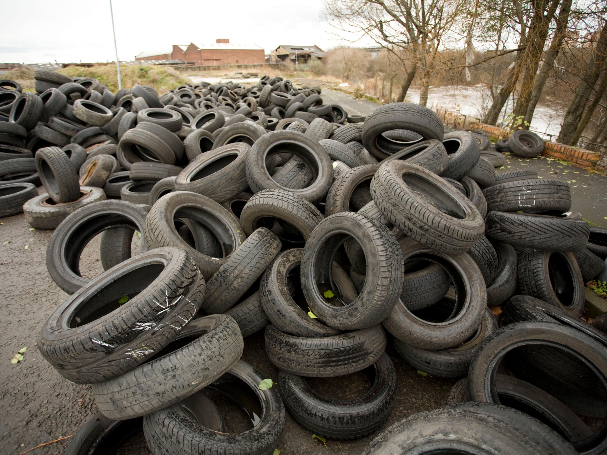 Illegal dumping of tyres along the banks of the Clyde in Glasgow