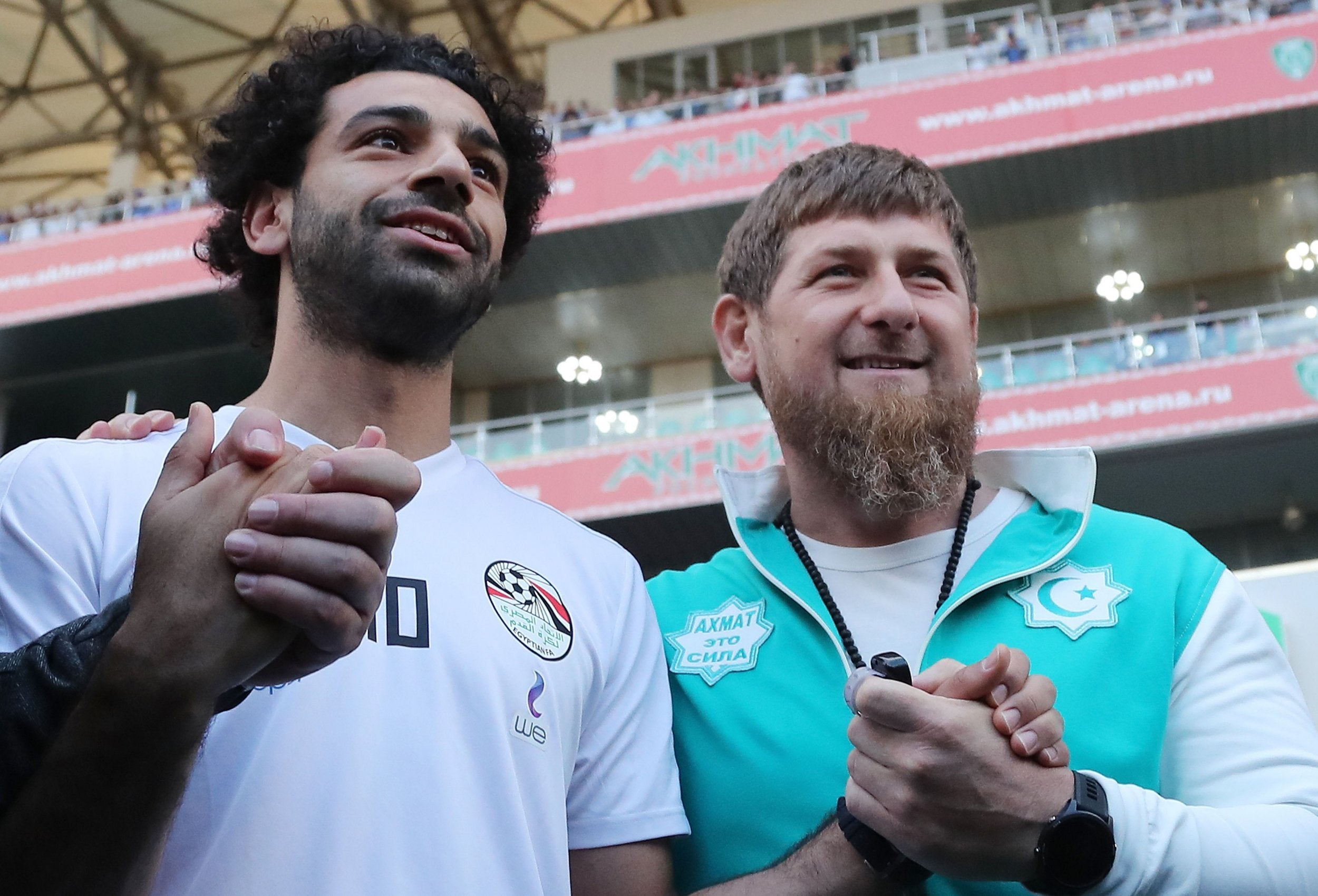 &#13;
Mohamed Salah posing with head of the Chechen Republic Ramzan Kadyrov during an Egypt training session at the Akhmat Arena stadium in Grozny (AFP/Getty)&#13;